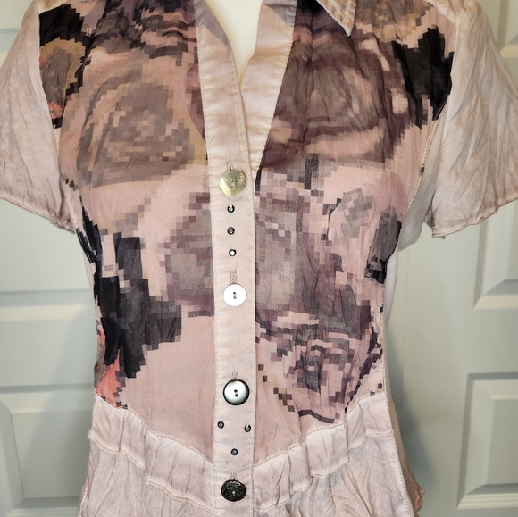 Crisca Pink Western Button Up Collared Crinkle Floral Blouse Womens Size 4 - Picture 2 of 13